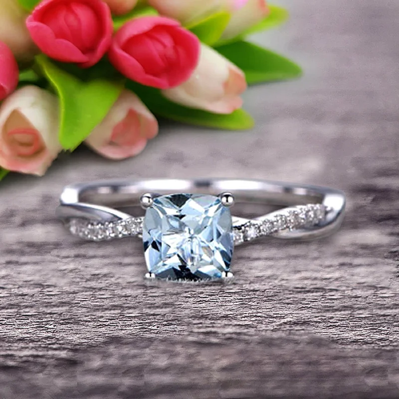 classic princess cut engagement rings -classic princess cut engagement rings -10k White Gold Aquamarine Engagement Ring With 1.25 Carat Cushion Cut Vintage Looking Moissanite Diamond