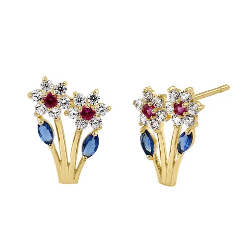 bridal earrings for women -trendy stud earrings for women -Solid 14K Yellow Gold Growing Flower CZ Earrings