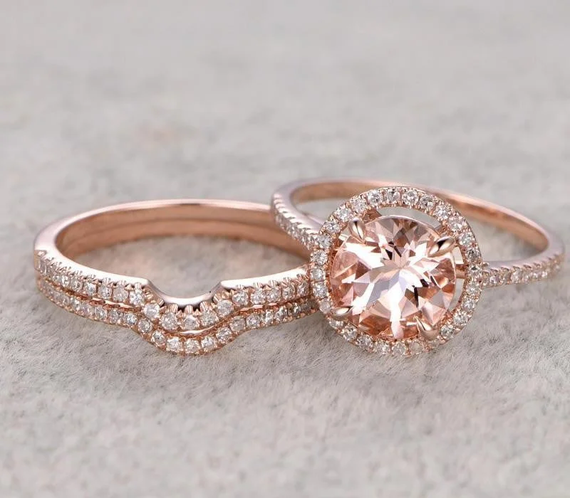 simple diamond engagement rings -simple diamond engagement rings -Round Cut 2 Carat Morganite And Diamond Moissanite Trio Ring Set in 10k Rose Gold With One Engagement Ring And 2 Wedding Bands