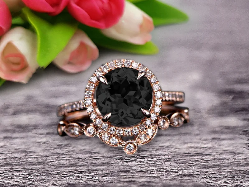 luxury diamond solitaire engagement rings -luxury diamond solitaire engagement rings -Milgrain Art Deco 2 Carat Round Cut Black Diamond Moissanite Engagement Ring On 10k Rose Gold Promise Ring Bridal Ring Set Halo Anniversary Gift