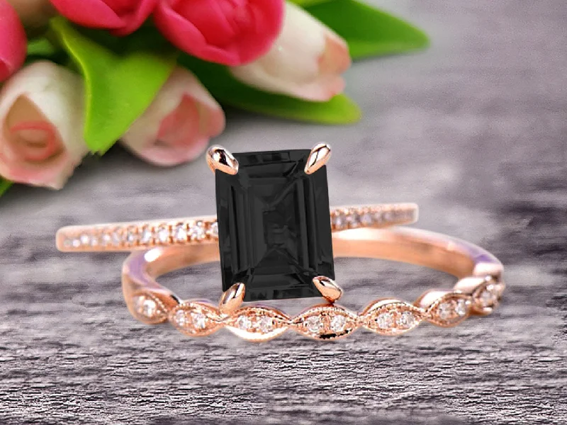 wedding ring sets for women -wedding ring sets for women -Emerald Cut 1.50 Carat Black Diamond Moissanite Engagement Ring On 10k Rose Gold Wedding Set Bridal Set Art Deco Gift For Her