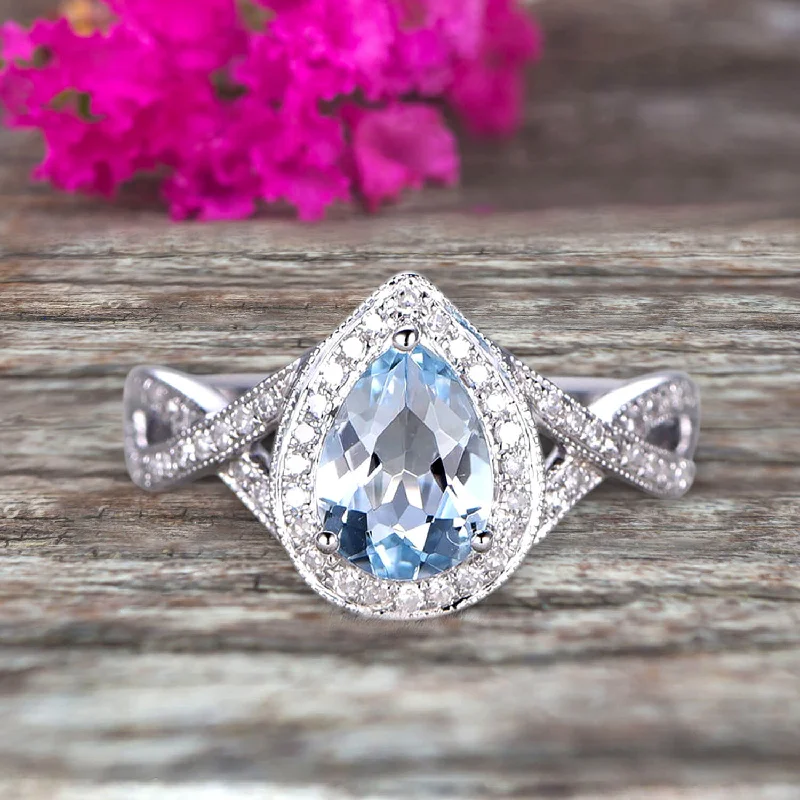 bold engagement rings -bold engagement rings -10k White Gold 1.50 Carat Pear Shape Aquamarine Engagement Rings With Moissanite Diamonds Halo Design