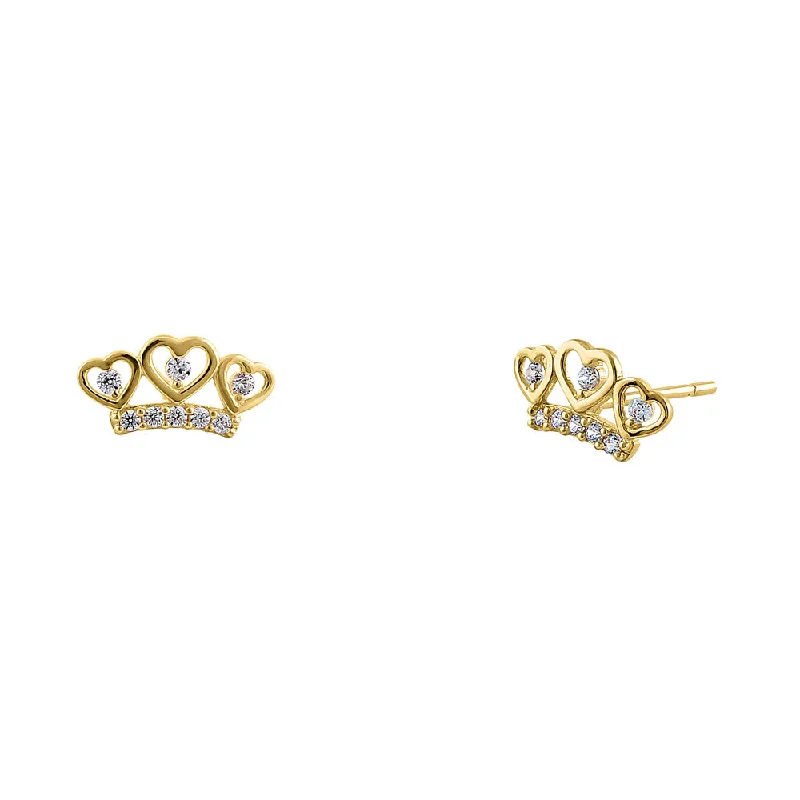 women’s vintage earrings -women’s vintage earrings -Solid 14K Yellow Gold Heart Crown CZ Earrings