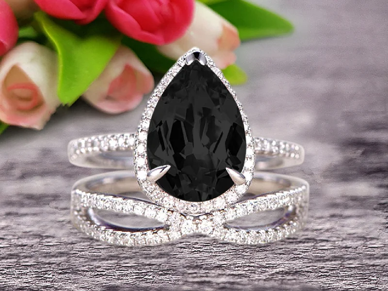 vintage inspired diamond engagement rings -vintage inspired diamond engagement rings -Bridal Set Tear Droped Black Diamond Moissanite Engagement Ring 1.75 Carat Pear Shape Gemstone Wedding Set Anniversary Ring On 10k White Gold Shining Jewelry With Matching Band