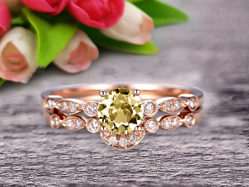 heart-shaped engagement rings -heart-shaped engagement rings -1.50 Carat Round Cut Champagne Diamond Moissanite Bridal Set Engagement Ring With Matching Band 10k Rose Gold Art Deco Vintage Look