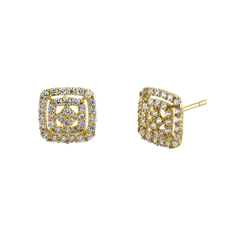 women’s large stud earrings -women’s large stud earrings -Solid 14K Yellow Gold Hedge Maze CZ Earrings