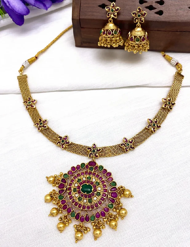 women’s layered gold necklaces -gemstone pendants for women -Antique Kempu Necklace Set