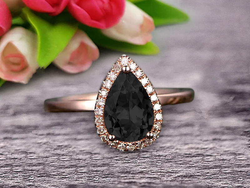 timeless engagement rings for women -timeless engagement rings for women -1.25 Carat Halo Pear Shape Black Diamond Moissanite Engagement Ring Handmade Solid 10k Rose Gold Ring Solitaire Stacking Band Anniversary Ring