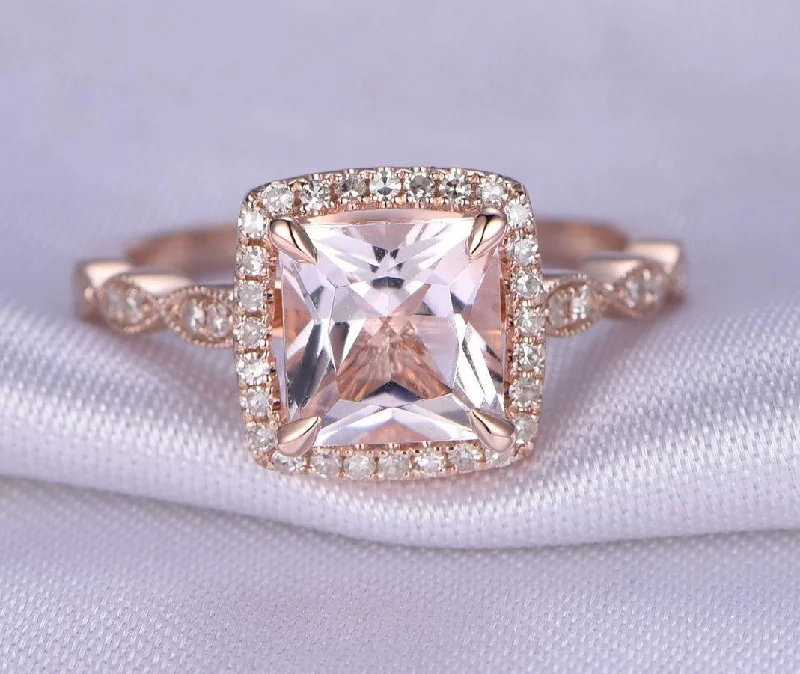 vintage style engagement rings -vintage style engagement rings -Vintage Design 1.25 Carat Cushion Cut Morganite Engagement Ring With Moissanite Diamonds in 10k Rose Gold for Women