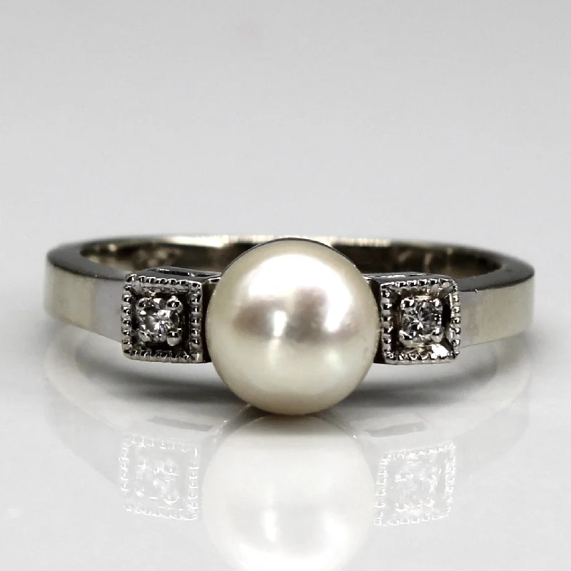 gemstone statement rings -Three Stone Pearl & Diamond Ring | 0.03ctw | SZ 4.75 |