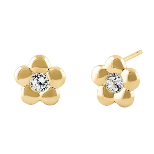 simple stud earrings for women -fashion-forward earrings for women -Solid 14K Yellow Gold Simple Flower Clear CZ Earrings