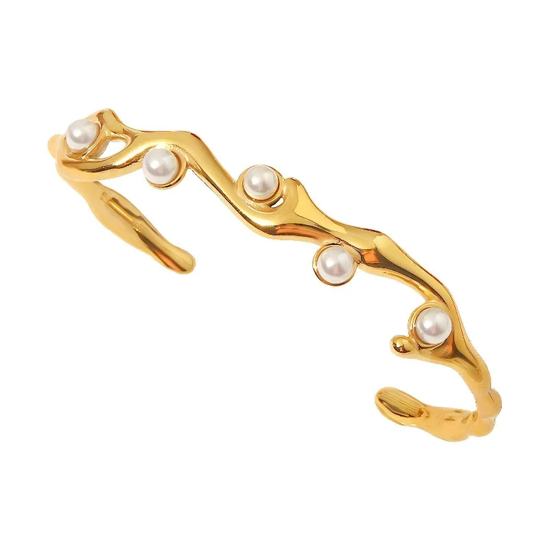 fashion bangles for women -Waterproof Diane 18k gold plated stainless steel pearl bracelet