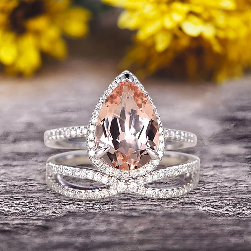 luxury gemstone engagement rings -luxury gemstone engagement rings -Bridal Set Tear Droped Morganite Engagement Ring 1.75 Carat Pear Shape Gemstone Wedding Set Anniversary Ring On 10k White Gold Shining Jewelry With Matching Band