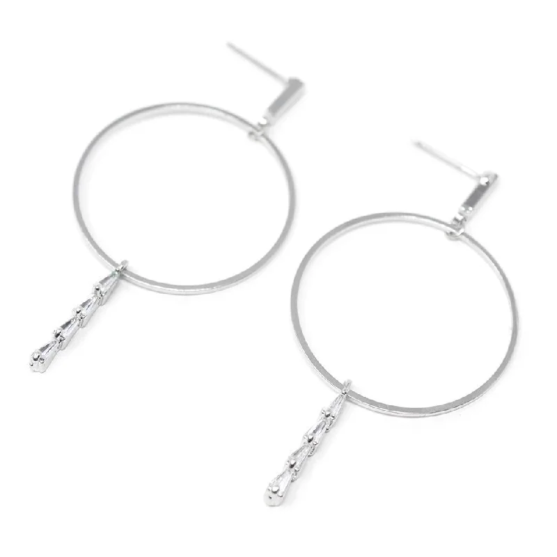 silver earrings for women -diamond earrings for women -CZ Teardrop Line Hoop Stud Earrings Silver Tone