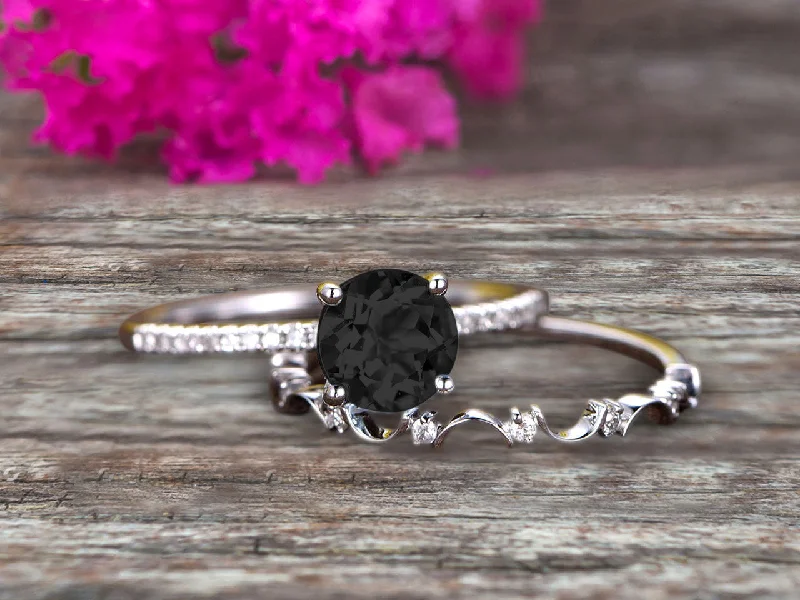 custom-designed engagement rings -custom-designed engagement rings -Art Deco 1.50 Carat Round Cut Black Diamond Moissanite Ring Set Engagement Ring on 10k White Gold