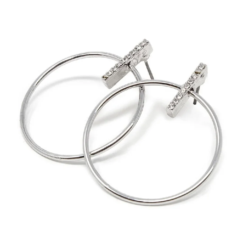 women’s vintage earrings -women’s vintage earrings -Hoop Stud Earrings with Pave Bar Rhodium Plated