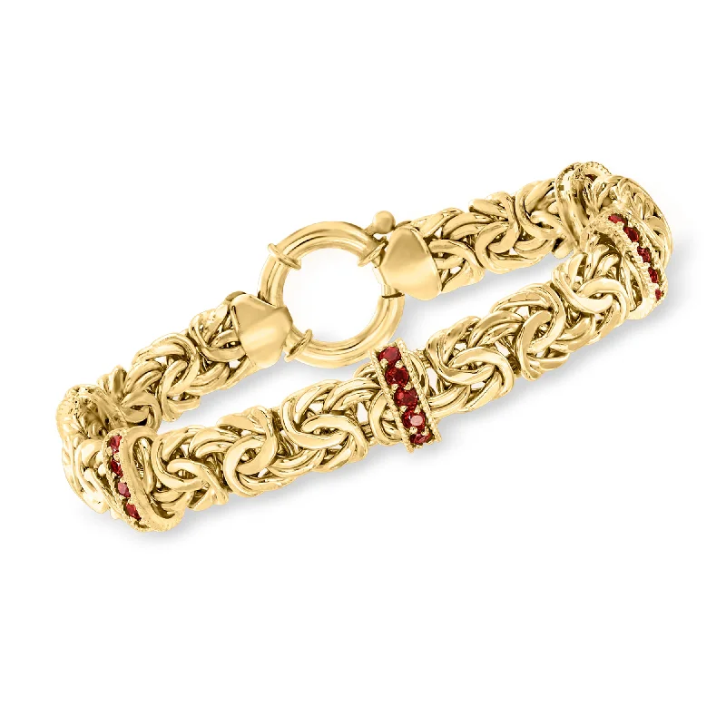 women’s braided bracelets -Ross-Simons Garnet Station Byzantine Bracelet in 18kt Gold Over Sterling