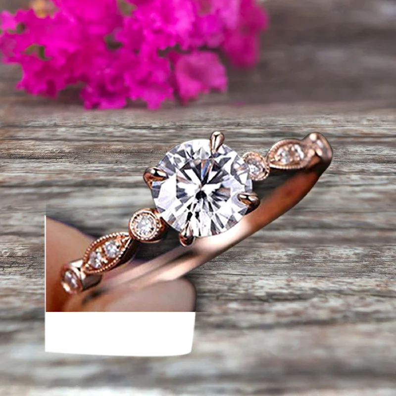 stackable engagement rings -stackable engagement rings -Moissanite Diamond Engagement ring Classic Vintage Style 1.25 Carat Art Deco ring on 10k Rose Gold