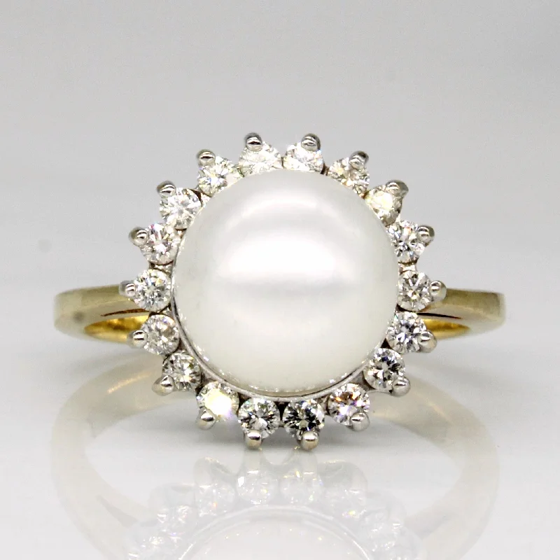 customized rings for women -18k Yellow Gold Pearl & Diamond Halo Ring | 0.36ctw | SZ 6 |