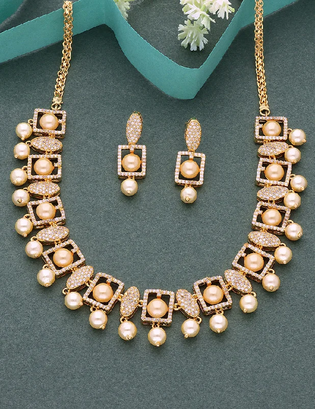 adjustable necklaces for women -fashion chain necklaces for women -Designer Zirconia Gold Pearl Necklace Set