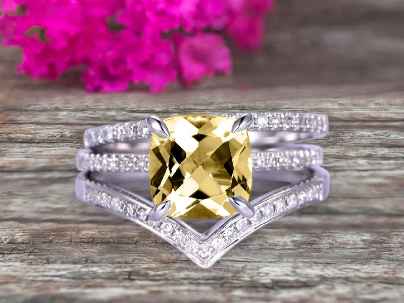 classic princess cut engagement rings -classic princess cut engagement rings -Stunning Cushion Cut Champagne Diamond Moissanite Engagement Ring On 10k White Gold V Shape Wedding Band 3pcs Wedding Ring Set Total Carat Weight 1.75