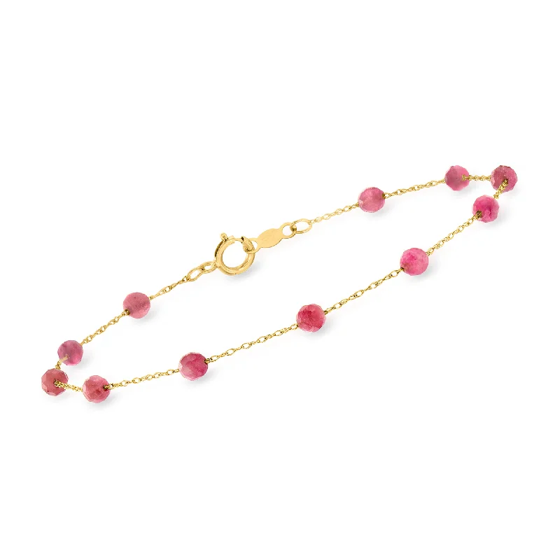 elegant bracelets for women -RS Pure by Ross-Simons Pink Tourmaline Bead Station Bracelet in 14kt Yellow Gold