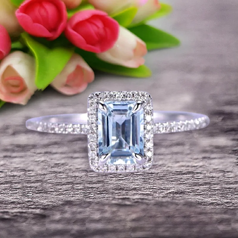 women’s stacked engagement rings -women’s stacked engagement rings -Classic And Stunning Look 10k White Gold 1.5 Carat Emerald Cut Aquamarine Engagement Ring