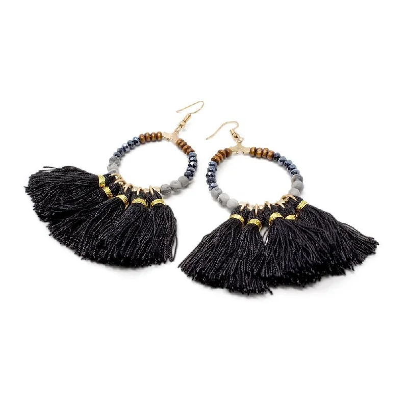 classic diamond earrings -vintage stud earrings for women -Earrings Ring Pendant with Tassels Black