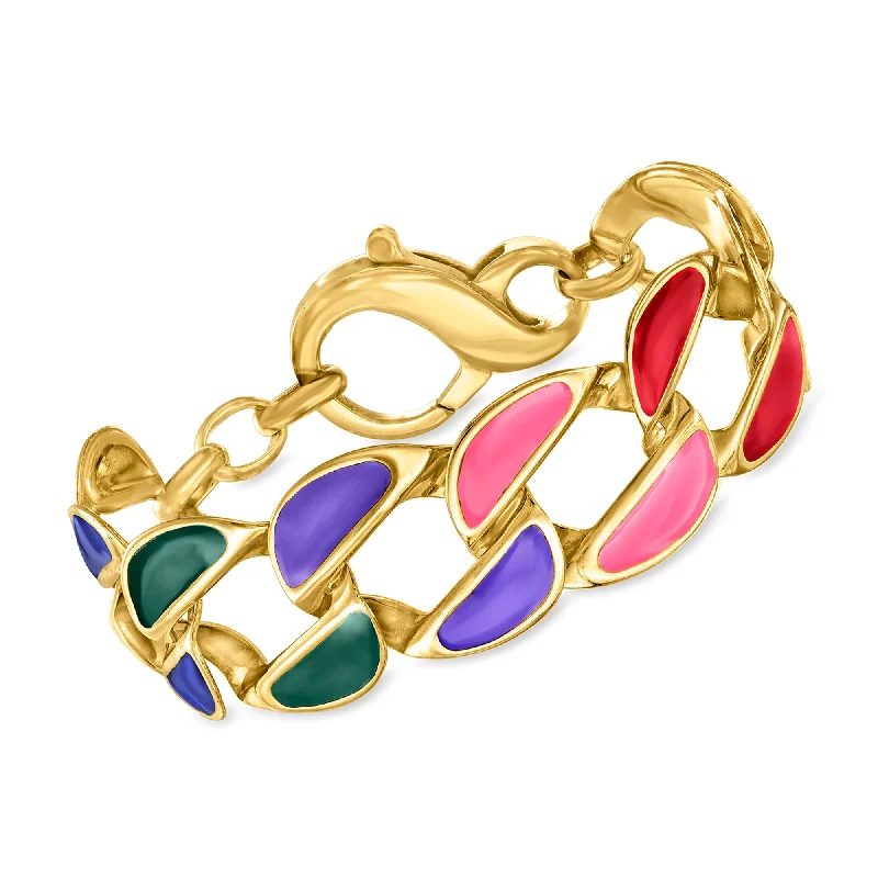 classic bangles for women -Ross-Simons Italian Multicolored Enamel Curb-Link Bracelet in 18kt Gold Over Sterling