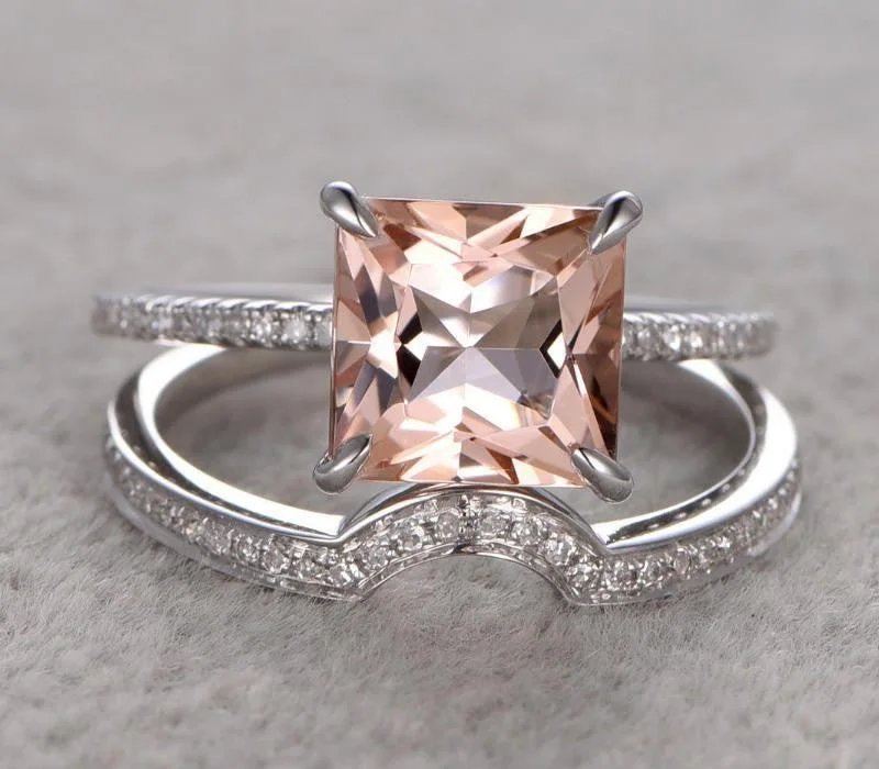 gold engagement rings for women -gold engagement rings for women -1.50 Carat Peach Pink Morganite Princess Cut Diamond Moissanite Engagement Ring Wedding Bridal Set in 10k White Gold