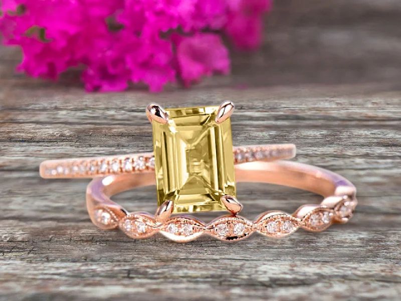 custom-designed engagement rings -custom-designed engagement rings -Emerald Cut 1.50 Carat Champagne Diamond Moissanite Engagement Ring On 10k Rose Gold Wedding Set Bridal Set Art Deco Gift For Her