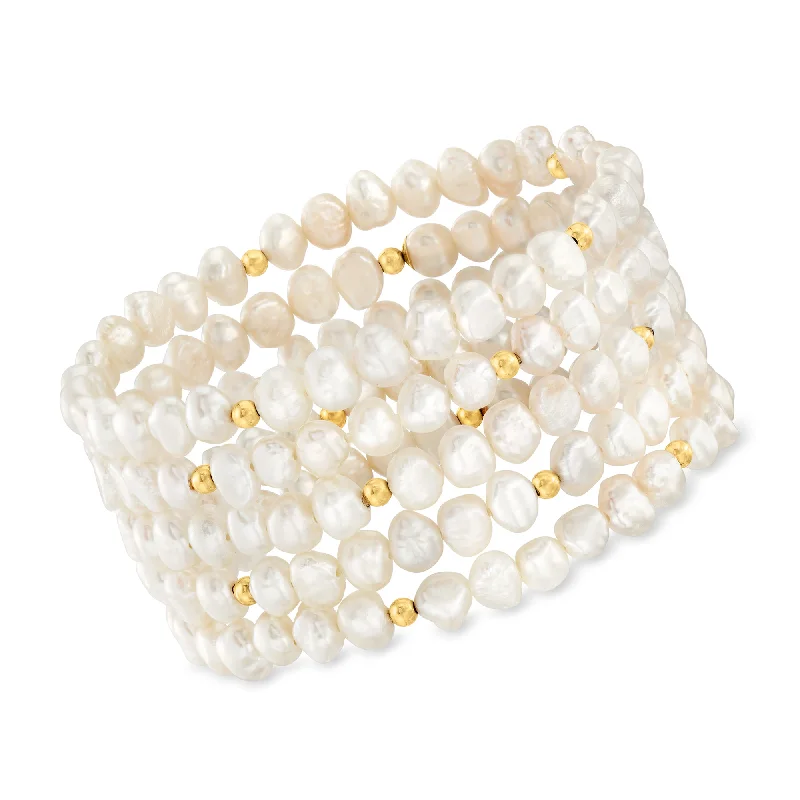 luxury bangles for women -Ross-Simons 3-7mm Cultured Pearl Jewelry Set: 5 Stretch Bracelets With 14kt Yellow Gold