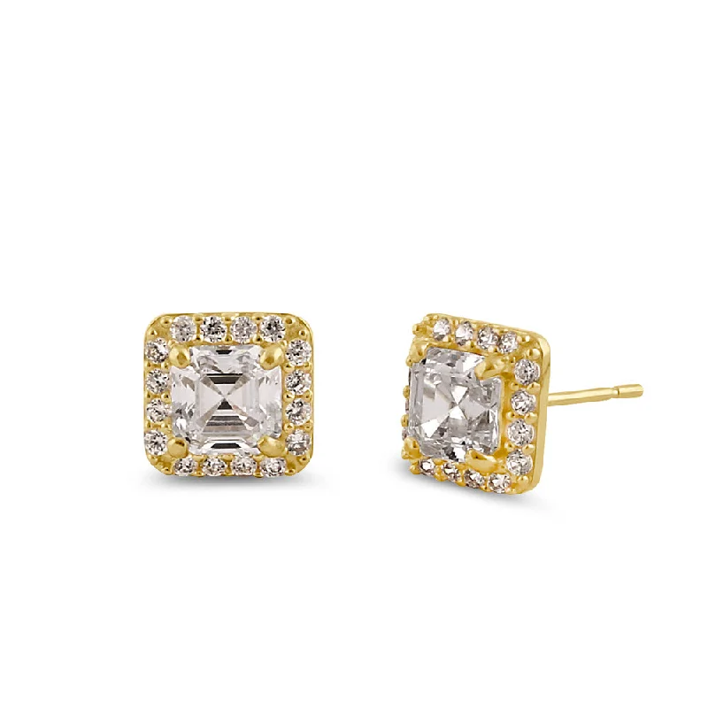 gold stud earrings for women -luxury diamond earrings -Solid 14K Gold Asscher CZ Earrings