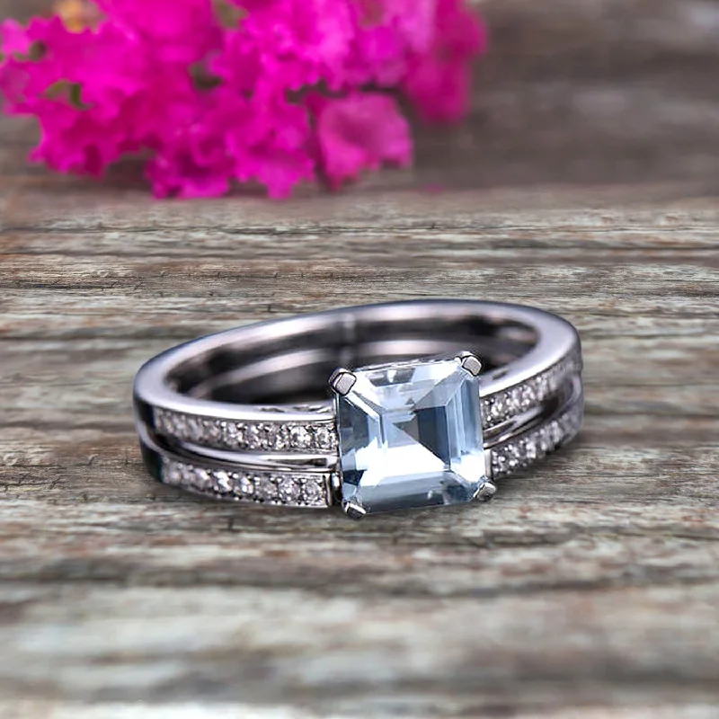 affordable engagement rings -affordable engagement rings -1.50 Carat Asscher Cut Aquamarine Engagement Ring Set 10k White Gold Stacking Matching Wedding Band