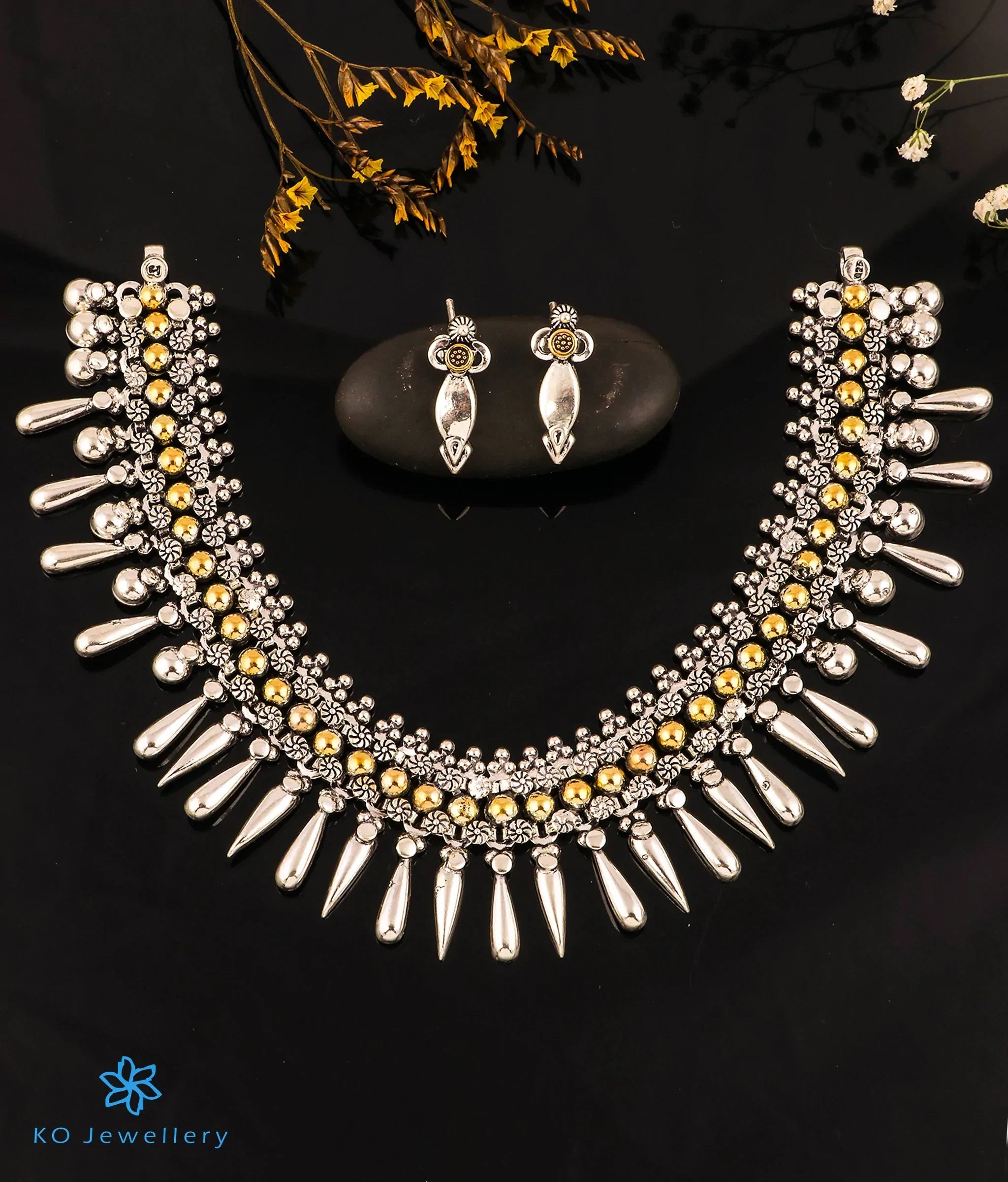 matching necklaces for women -wedding gift necklaces for women -The Ritu Silver Antique Necklace & Earrings (2 tone)