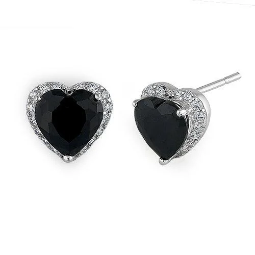 minimalist earrings for women -luxury pearl earrings -Sterling Silver Heart Black CZ Earrings