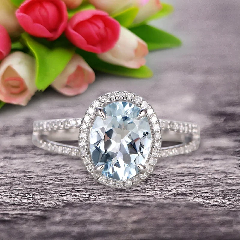 classic engagement rings for women -classic engagement rings for women -1.50 Carat Oval Shape Blue Gemstone With Split Shank Halo Design Aquamarine Engagement Ring Wedding Ring Anniversary Gift On 10k White Gold