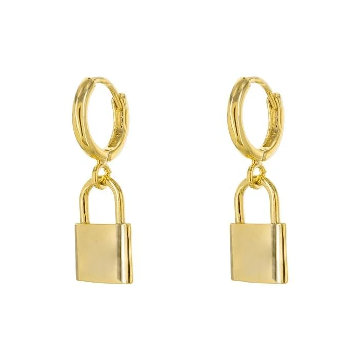 gold earrings for women -silver earrings for women -14K Gold Plated Brass Lock Hoop Earrings