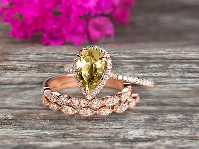 alternative engagement rings -alternative engagement rings -Milgrain Art Deco Pear Shape Champagne Diamond Moissanite Engagement Ring Set 2 Carat Weight Trio Set Stacking Matching Wedding Band Solid 10k Rose Gold Anniversary Ring