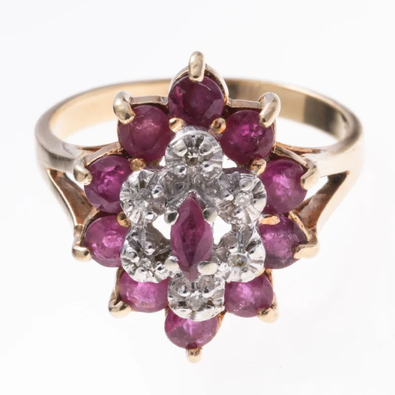 women’s ruby rings -10K Yellow Gold Synthetic Ruby and Diamond Ring | 0.54ctw, 0.025ctw | SZ 7.75