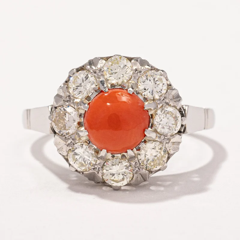 unique rings for women -Vintage Platinum Coral and Diamond Ring | 1.68ctw | SZ 8.5