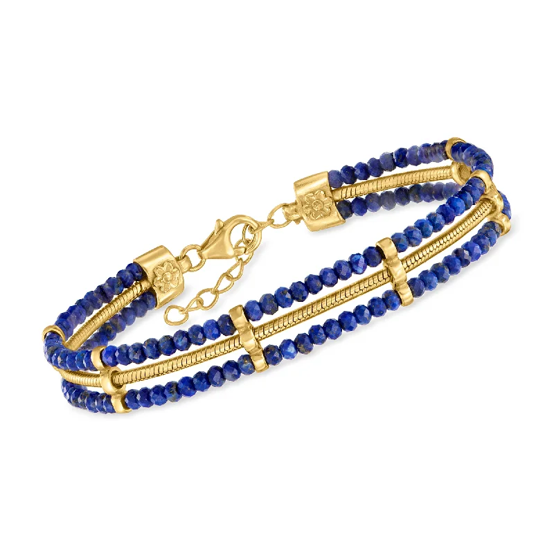 stylish bangles for women -Ross-Simons Lapis Bead and Snake-Chain Bracelet in 18kt Gold Over Sterling