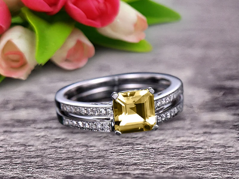 unique engagement rings for women -unique engagement rings for women -1.50 Carat Asscher Cut Champagne Diamond Moissanite Engagement Ring Set 10k White Gold Stacking Matching Wedding Band