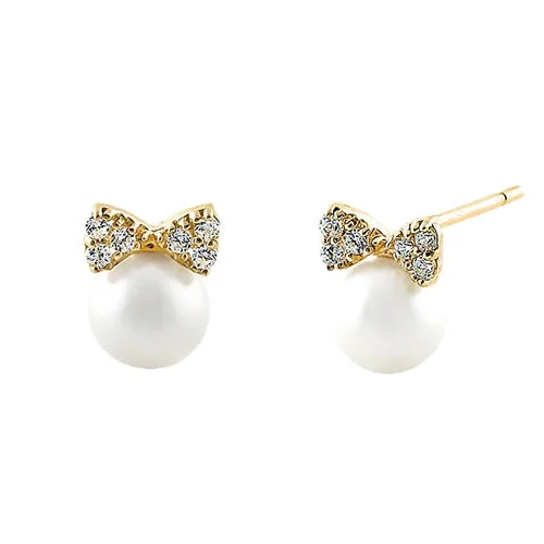 elegant drop earrings for women -colorful earrings for casual wear -Solid 14K Yellow Gold Bow & Pearl Clear CZ Earrings