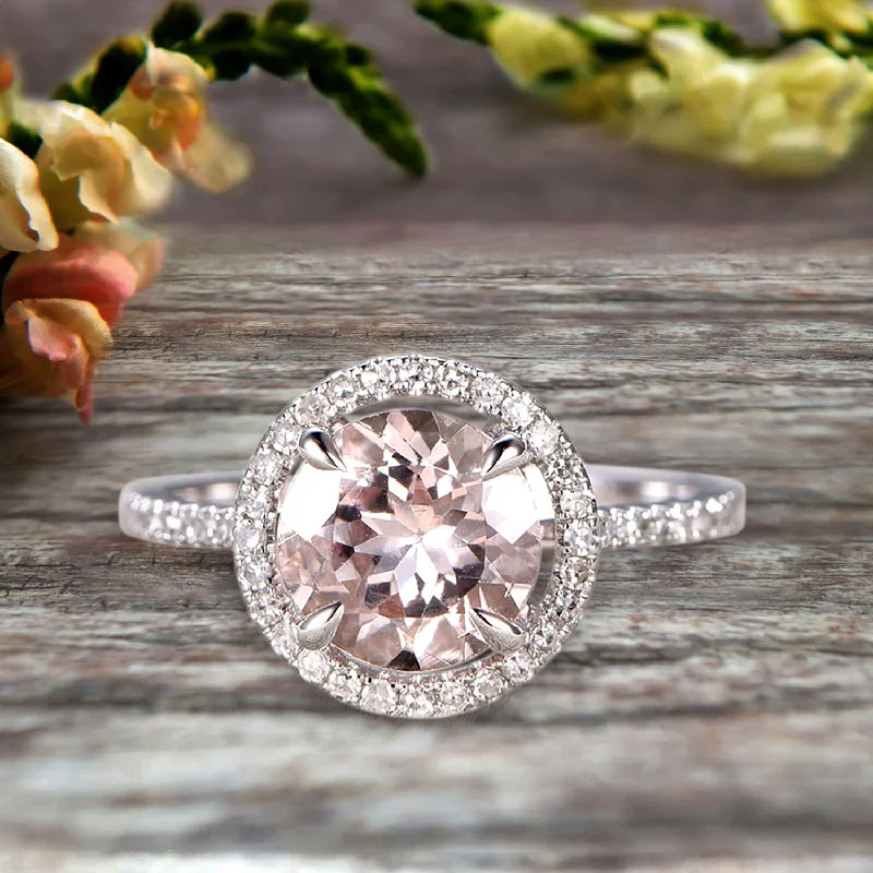 stylish engagement rings for women -stylish engagement rings for women -Surprisingly 1.75 Carat Morganite Engagement Ring On 10k White Gold Anniversary Ring With Float Halo Claw Prongs Promise Ring Round Cut Gemstone