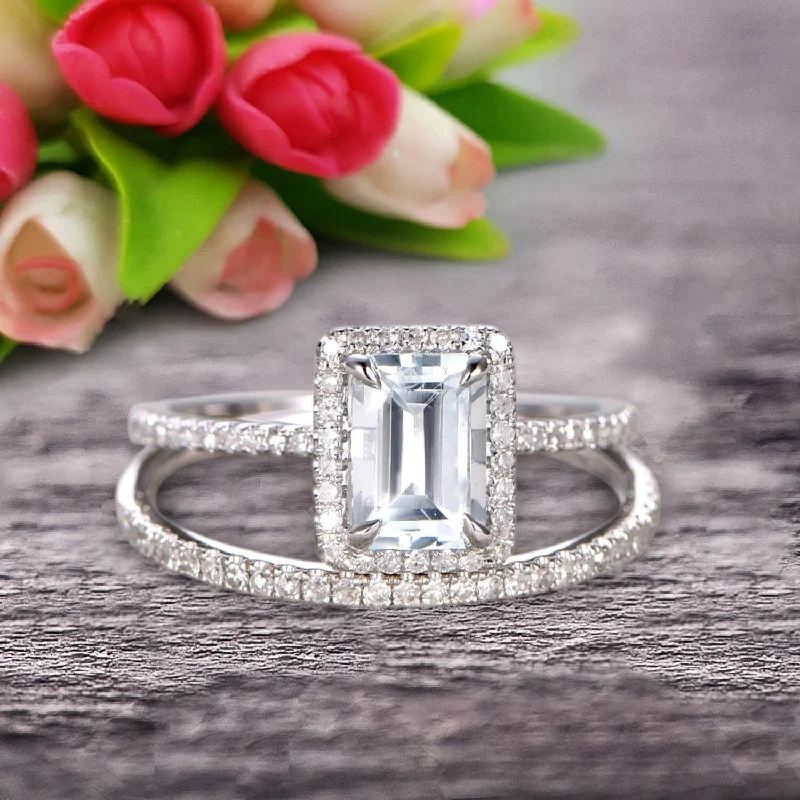 diamond cluster engagement rings -diamond cluster engagement rings -1.75 Carat Emerald Cut Wedding Set Aquamarine Engagement Ring With Matching Band On 10k White Gold