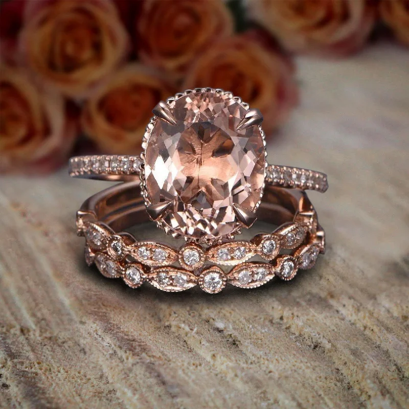 custom engagement rings for women -custom engagement rings for women -Limited Time Sale 2 Carat Oval Cut Morganite And Diamond Moissanite Trio Ring Set in 10k Rose Gold With One Engagement Ring And 2 Wedding Bands