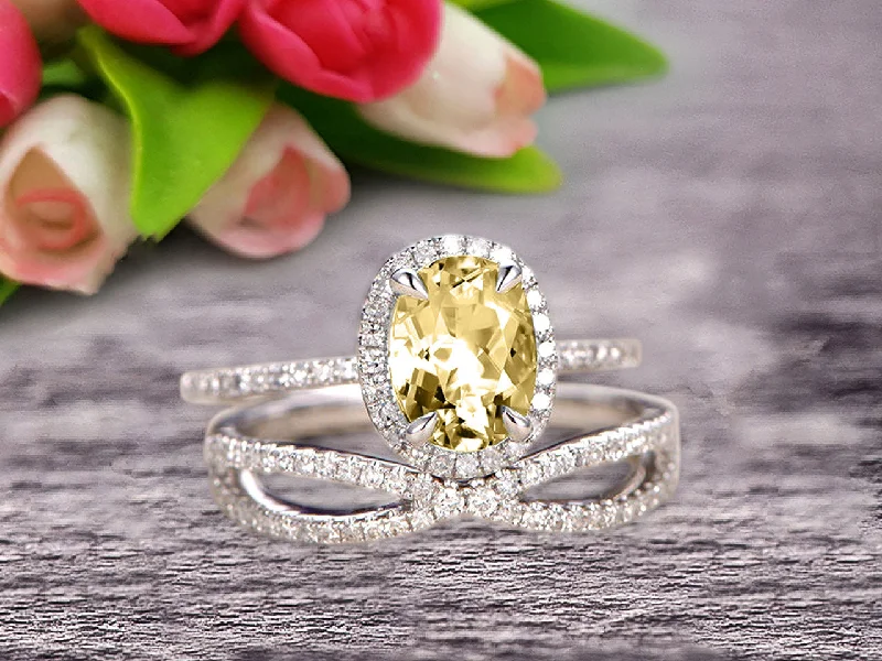 women’s stackable engagement rings -women’s stackable engagement rings -10k White Gold 1.75 Carat Oval Cut Champagne Diamond Moissanite Engagement Rings With Twisted Wedding Band Halo Design