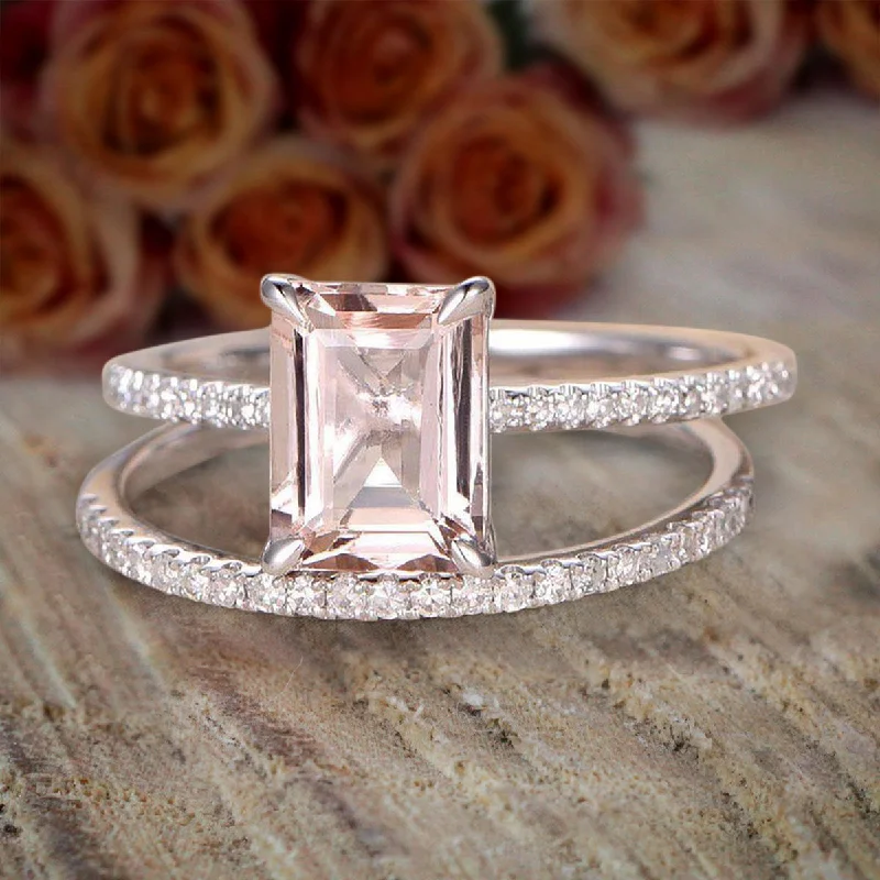 personalized engagement rings -personalized engagement rings -1.5 Carat Peach Pink Emerald Cut Morganite And Diamond Moissanite Engagement Ring Wedding Bridal Set 10k White Gold