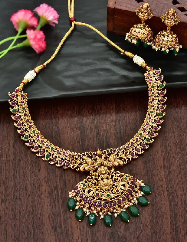 high-end necklaces for women -fashion lockets for women -Designer Antique Kempu Necklace Set